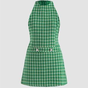 J.ING green sleeveless button details tweed mini dress